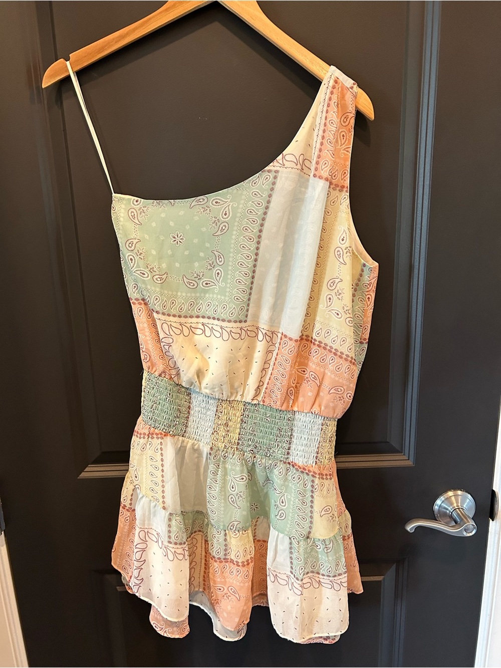 Skylar + Madison Cream, Mint & Peach Paisley Patchwork One-Shoulder dress